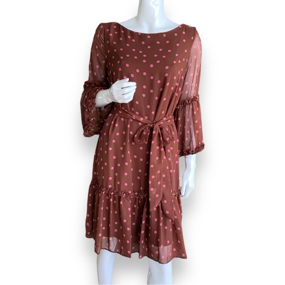 MAISON TARA CHIFFON BROWN WITH PINK POLKA DOT SHIRTWAIST DRESS. WOMEN’S SIZE 12 - Picture 2 of 13